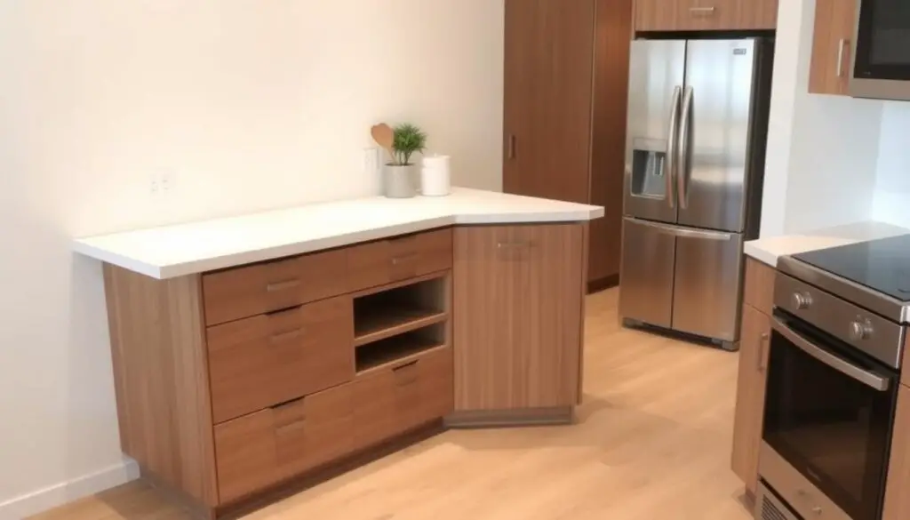 A modern and minimalist small kitchen bar counter with built-in storage compartments. Sleek white countertop with clean lines and a low-profile edge, set atop a wooden base with drawers and shelves for ample storage. Soft, indirect lighting illuminates the space, creating a warm and inviting atmosphere. The counter is positioned in the corner of the kitchen, maximizing the available space. Stainless steel appliances and a neutral color palette complement the design, resulting in a cohesive and functional kitchen layout. A modern and minimalist small kitchen bar counter with built-in storage compartments. Sleek white countertop with clean lines and a low-profile edge, set atop a wooden base with drawers and shelves for ample storage. Soft, indirect lighting illuminates the space, creating a warm and inviting atmosphere. The counter is positioned in the corner of the kitchen, maximizing the available space. Stainless steel appliances and a neutral color palette complement the design, resulting in a cohesive and functional kitchen layout.