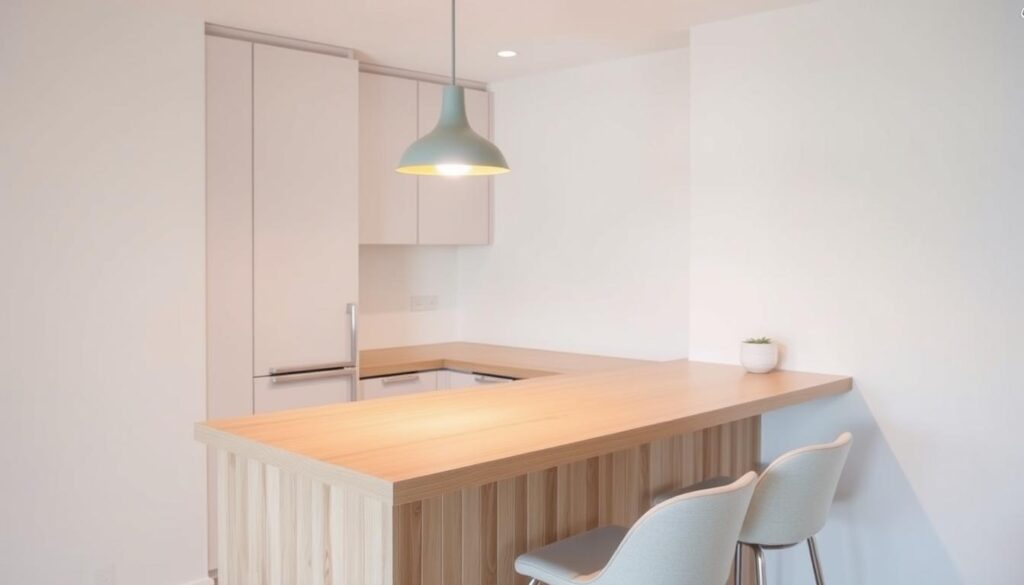 A modern, compact kitchen bar with a sleek, minimalist design. The bar counter is made of a smooth, light-colored wood or quartz surface, offering a clean, uncluttered look. Overhead, a minimalist pendant light fixture casts a warm, focused glow, illuminating the bar area. The bar stools are simple, with clean lines and a neutral upholstery, complementing the overall aesthetic. The kitchen walls are painted in a soft, neutral tone, creating a serene backdrop. The bar is situated in a corner or against a wall, maximizing the available space while maintaining a functional, practical layout. The entire scene conveys a sense of modern sophistication and efficient use of a small kitchen space. A modern, compact kitchen bar with a sleek, minimalist design. The bar counter is made of a smooth, light-colored wood or quartz surface, offering a clean, uncluttered look. Overhead, a minimalist pendant light fixture casts a warm, focused glow, illuminating the bar area. The bar stools are simple, with clean lines and a neutral upholstery, complementing the overall aesthetic. The kitchen walls are painted in a soft, neutral tone, creating a serene backdrop. The bar is situated in a corner or against a wall, maximizing the available space while maintaining a functional, practical layout. The entire scene conveys a sense of modern sophistication and efficient use of a small kitchen space.