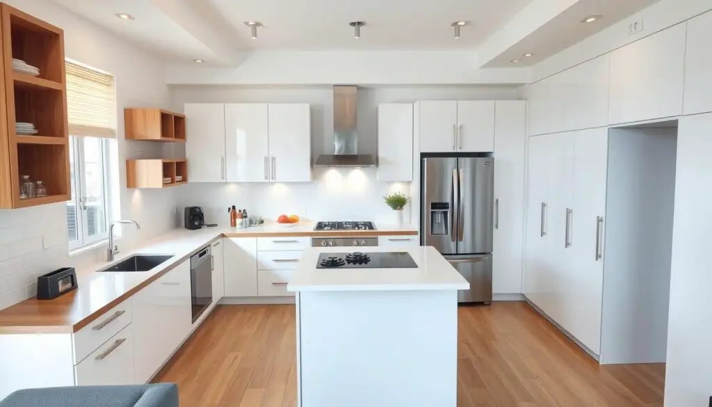 A modern, efficient small kitchen layout with a focus on minimalist design and optimal space utilization. A well-lit, airy interior with clean white cabinetry, sleek stainless steel appliances, and a central island with a built-in cooktop. Warm wooden accents on the countertops and flooring complement the bright, open atmosphere. The layout emphasizes a seamless flow between the cooking, prep, and dining areas, maximizing the functional utility of the limited square footage. Shot from a slightly elevated angle to showcase the spacious, ergonomic arrangement of the key kitchen elements.
