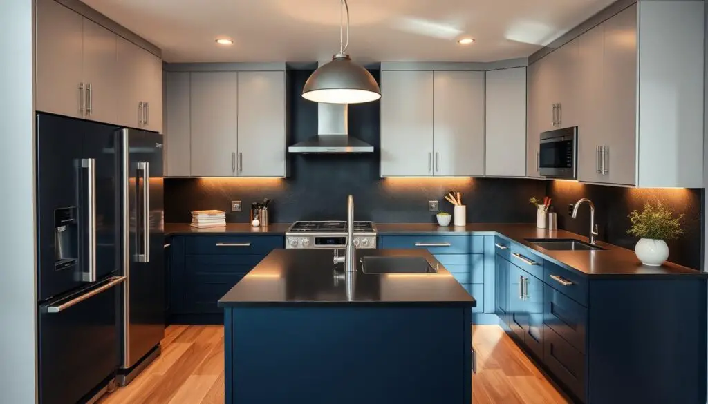 A modern kitchen with a two-tone color scheme, featuring sleek, flat-panel cabinets in a light gray on the top and a rich, navy blue on the bottom. The kitchen is bathed in soft, warm lighting, creating a cozy and inviting atmosphere. The countertops are a durable, matte black quartz, complementing the cool-toned cabinets. Stainless steel appliances and chrome hardware add a touch of sophistication, while a large, pendant light fixture over the center island ties the room together. The overall aesthetic is a harmonious blend of contemporary and timeless design elements.