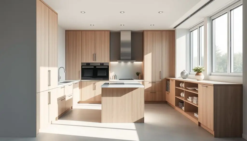 A modern, minimalist small kitchen with clean lines and sleek, functional furniture. The kitchen features a central island with a white quartz countertop, surrounded by light wood cabinetry and stainless steel appliances. Ample natural light floods the space through large windows, creating a bright and airy atmosphere. The design emphasizes efficient storage solutions, with hidden drawers and shelves integrated into the cabinetry. A subtle, muted color palette of grays, whites, and natural wood tones sets a calming and sophisticated tone. The overall layout is compact yet well-organized, showcasing how thoughtful design can maximize the potential of a small kitchen space. A modern, minimalist small kitchen with clean lines and sleek, functional furniture. The kitchen features a central island with a white quartz countertop, surrounded by light wood cabinetry and stainless steel appliances. Ample natural light floods the space through large windows, creating a bright and airy atmosphere. The design emphasizes efficient storage solutions, with hidden drawers and shelves integrated into the cabinetry. A subtle, muted color palette of grays, whites, and natural wood tones sets a calming and sophisticated tone. The overall layout is compact yet well-organized, showcasing how thoughtful design can maximize the potential of a small kitchen space.