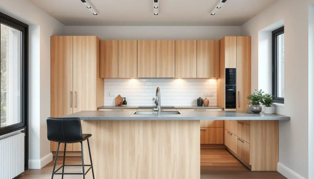 A modern, sleek small kitchen with an integrated bar counter. The counter is made of polished grey quartz, blending seamlessly into the light oak cabinets and white subway tile backsplash. Soft overhead lighting casts a warm glow, accentuating the minimalist design. The bar stools are black leather, providing a touch of sophistication. The kitchen is airy and bright, with large windows letting in natural light. The layout is efficient, with the bar counter acting as a practical work surface and casual dining area. The overall atmosphere is one of refined, contemporary style in a compact, functional space. A modern, sleek small kitchen with an integrated bar counter. The counter is made of polished grey quartz, blending seamlessly into the light oak cabinets and white subway tile backsplash. Soft overhead lighting casts a warm glow, accentuating the minimalist design. The bar stools are black leather, providing a touch of sophistication. The kitchen is airy and bright, with large windows letting in natural light. The layout is efficient, with the bar counter acting as a practical work surface and casual dining area. The overall atmosphere is one of refined, contemporary style in a compact, functional space.