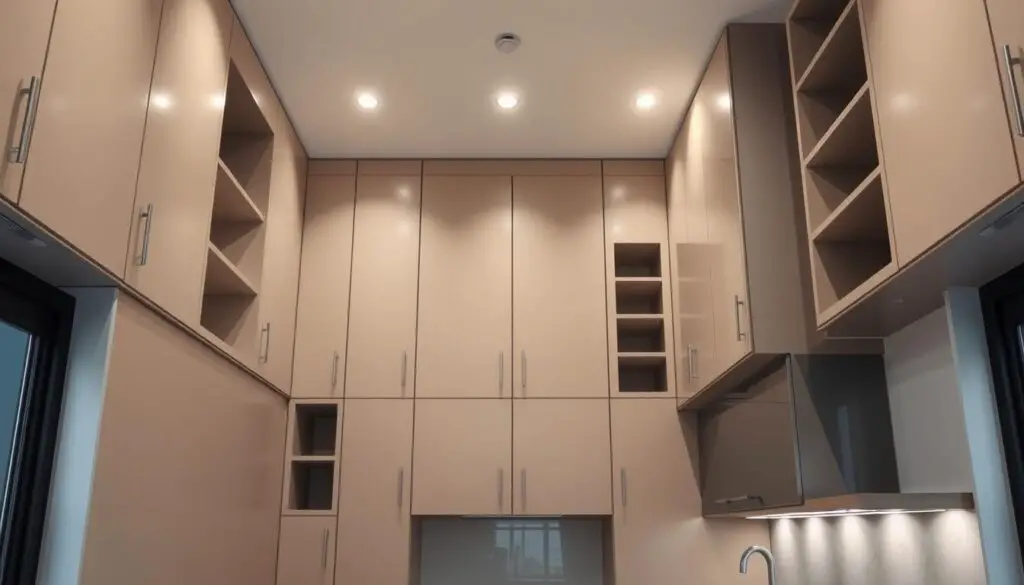 A modern, well-lit kitchen interior with tall, sleek cabinets reaching up to the ceiling. The cabinets feature minimalist designs with clean lines and a mix of open and closed storage compartments, optimizing vertical space. Soft, diffused lighting emanates from recessed fixtures, casting a warm glow on the muted, neutral-toned cabinetry. The layout is efficient, with a central island providing additional workspace and storage. The overall aesthetic is sophisticated and space-saving, creating an illusion of openness in a compact environment. A modern, well-lit kitchen interior with tall, sleek cabinets reaching up to the ceiling. The cabinets feature minimalist designs with clean lines and a mix of open and closed storage compartments, optimizing vertical space. Soft, diffused lighting emanates from recessed fixtures, casting a warm glow on the muted, neutral-toned cabinetry. The layout is efficient, with a central island providing additional workspace and storage. The overall aesthetic is sophisticated and space-saving, creating an illusion of openness in a compact environment.