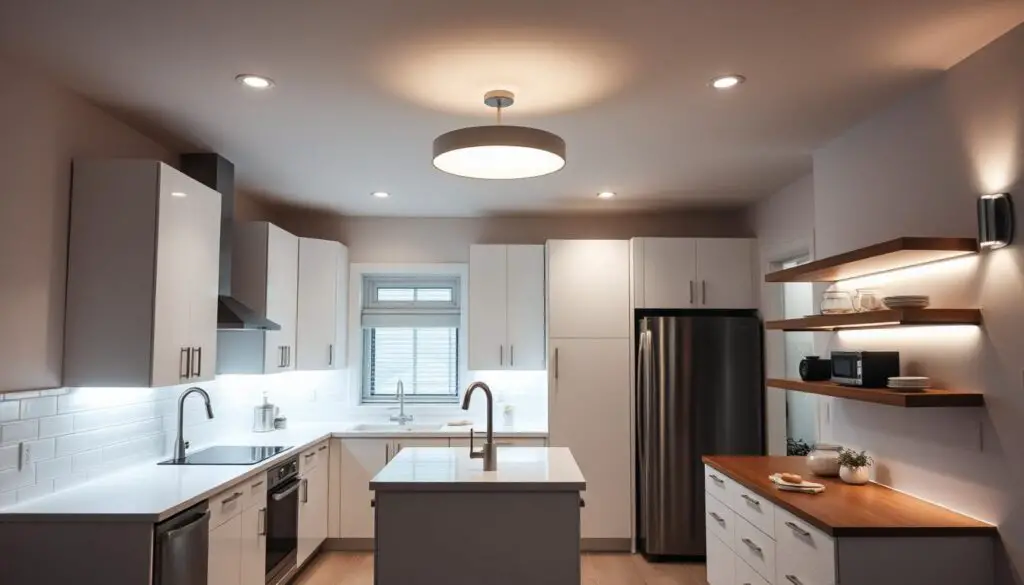 A modern, well-lit small kitchen with various smart lighting solutions. A sleek overhead pendant light illuminates the central island, while recessed lights in the ceiling provide ambient lighting throughout. Undercabinet task lighting highlights the countertops, and a slim strip of LED lights outlines the backsplash, creating a soft, warm glow. Subtle lighting accents like spotlights on shelves and a dimmable wall sconce add layers of illumination. The kitchen has a minimalist, contemporary design with white cabinets, stainless steel appliances, and a neutral tile floor. The lighting creates a cozy, efficient atmosphere perfect for meal preparation and everyday use. A modern, well-lit small kitchen with various smart lighting solutions. A sleek overhead pendant light illuminates the central island, while recessed lights in the ceiling provide ambient lighting throughout. Undercabinet task lighting highlights the countertops, and a slim strip of LED lights outlines the backsplash, creating a soft, warm glow. Subtle lighting accents like spotlights on shelves and a dimmable wall sconce add layers of illumination. The kitchen has a minimalist, contemporary design with white cabinets, stainless steel appliances, and a neutral tile floor. The lighting creates a cozy, efficient atmosphere perfect for meal preparation and everyday use.
