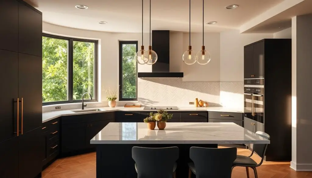 A sleek and modern U-shaped kitchen design, bathed in warm, natural light. The countertops are a sophisticated marble, complemented by matte black cabinetry and brass hardware. Thoughtfully-placed pendant lights hang above the central island, creating a cozy and inviting atmosphere. The backsplash features a subtle herringbone pattern, adding visual interest to the space. Large windows overlooking a lush, green garden blur the lines between indoors and out, while a minimalist dining table and chairs complete the harmonious, open-concept layout. A sleek and modern U-shaped kitchen design, bathed in warm, natural light. The countertops are a sophisticated marble, complemented by matte black cabinetry and brass hardware. Thoughtfully-placed pendant lights hang above the central island, creating a cozy and inviting atmosphere. The backsplash features a subtle herringbone pattern, adding visual interest to the space. Large windows overlooking a lush, green garden blur the lines between indoors and out, while a minimalist dining table and chairs complete the harmonious, open-concept layout.