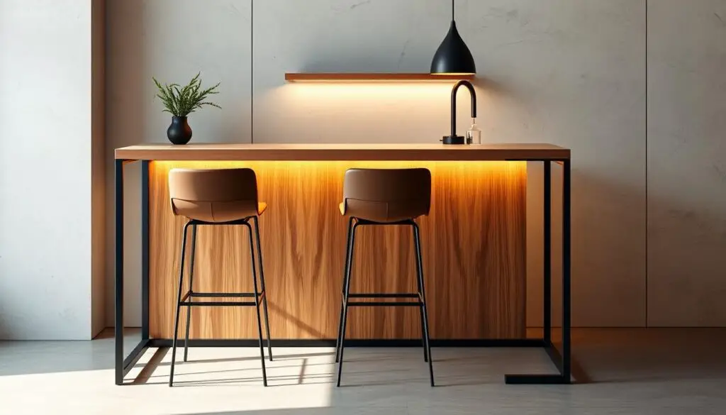 A sleek and stylish small kitchen island with a modern bar counter, bathed in warm, soft lighting and complemented by a minimalist yet sophisticated decor. The island features a clean-lined, wooden counter-top with a polished marble or quartz surface, contrasting beautifully with the matte black or brushed metal frame. Elegant barstools in a matching color scheme are positioned neatly around the counter, inviting guests to perch and enjoy a casual meal or social gathering. The background showcases a subtly textured, neutral-toned wall, creating a calming and refined atmosphere. The overall composition exudes a harmonious blend of functionality and aesthetic appeal, perfectly capturing the essence of a stylish bar counter accessory within a compact kitchen space. A sleek and stylish small kitchen island with a modern bar counter, bathed in warm, soft lighting and complemented by a minimalist yet sophisticated decor. The island features a clean-lined, wooden counter-top with a polished marble or quartz surface, contrasting beautifully with the matte black or brushed metal frame. Elegant barstools in a matching color scheme are positioned neatly around the counter, inviting guests to perch and enjoy a casual meal or social gathering. The background showcases a subtly textured, neutral-toned wall, creating a calming and refined atmosphere. The overall composition exudes a harmonious blend of functionality and aesthetic appeal, perfectly capturing the essence of a stylish bar counter accessory within a compact kitchen space.