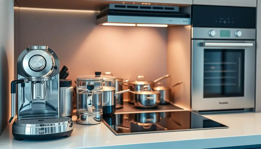 A sleek, compact kitchen counter featuring a range of modern appliances meticulously arranged. In the foreground, a premium-quality espresso machine with a gleaming chrome finish sits beside a compact food processor with precision-engineered blades. In the middle ground, a minimalist induction cooktop emits a soft glow, surrounded by a collection of polished stainless steel pots and pans. The background is dominated by a state-of-the-art convection oven with a streamlined, integrated design, bathed in warm, even lighting. The overall scene exudes a sense of efficiency, practicality, and sophisticated style, perfectly suited for a small, contemporary kitchen.