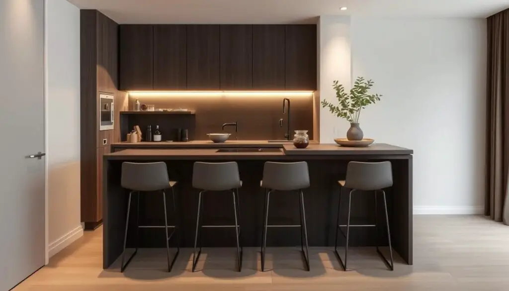A sleek, modern bar counter designed for a small kitchen space. The counter is made of smooth, dark wood or stone, with a minimalist design that maximizes the available area. It features a raised seating area with streamlined bar stools, allowing for intimate dining or casual gatherings. The counter is well-lit, with a combination of soft, indirect lighting and task lighting to create a warm, inviting atmosphere. The layout is arranged to optimize flow and functionality, with thoughtful placement of storage and prep areas. The overall aesthetic is clean, sophisticated, and tailored to the compact dimensions of the kitchen, making the most of the limited square footage. A sleek, modern bar counter designed for a small kitchen space. The counter is made of smooth, dark wood or stone, with a minimalist design that maximizes the available area. It features a raised seating area with streamlined bar stools, allowing for intimate dining or casual gatherings. The counter is well-lit, with a combination of soft, indirect lighting and task lighting to create a warm, inviting atmosphere. The layout is arranged to optimize flow and functionality, with thoughtful placement of storage and prep areas. The overall aesthetic is clean, sophisticated, and tailored to the compact dimensions of the kitchen, making the most of the limited square footage.