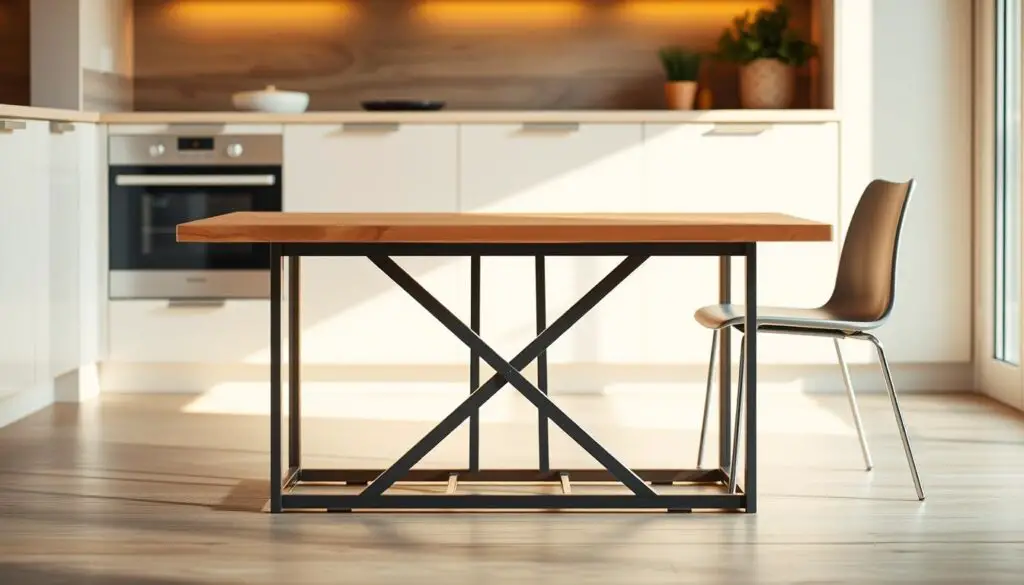 A sleek, modern foldable dining table with a minimalist, wood-and-metal design, set against a bright, airy kitchen backdrop. The table's surface is a smooth, light-colored wood that folds in half for easy storage. It is flanked by a pair of simple, modern chairs with clean lines. Warm, natural lighting casts a soft, inviting glow over the scene, highlighting the table's elegant simplicity and emphasizing its space-saving functionality. The kitchen environment is serene and uncluttered, allowing the foldable table to take center stage as a versatile, space-conscious solution.