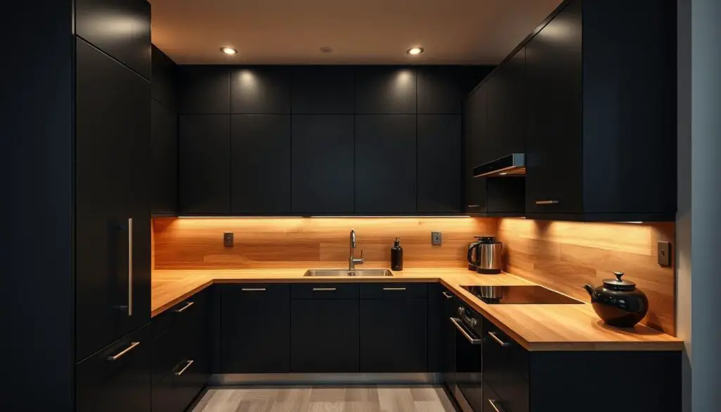 A sleek modern kitchen with black cabinets, accented by a warm wooden countertop and backsplash. The cabinets have a matte finish, creating a dramatic, high-contrast look. Indirect lighting casts a soft glow, highlighting the clean lines and minimalist design. Stainless steel appliances and hardware add a touch of industrial chic. The layout is compact but efficient, with an open concept that blends seamlessly with the adjacent living space. The overall atmosphere is sophisticated, moody, and distinctly contemporary.