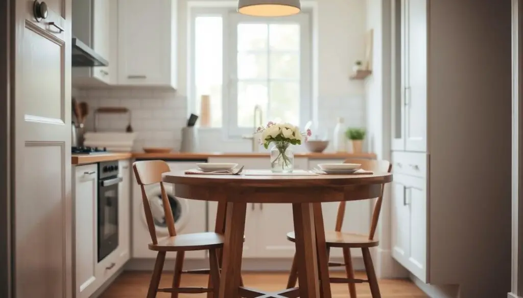 A small, cozy kitchen with a round wooden breakfast table in the foreground. The table is set with a simple white tablecloth, a vase of fresh flowers, and a few place settings. The background features minimalist white cabinets, a subway tile backsplash, and a large window that lets in soft, natural lighting. The overall atmosphere is warm, inviting, and carefully curated, showcasing how a multifunctional piece like a breakfast table can seamlessly integrate into a compact kitchen space. A small, cozy kitchen with a round wooden breakfast table in the foreground. The table is set with a simple white tablecloth, a vase of fresh flowers, and a few place settings. The background features minimalist white cabinets, a subway tile backsplash, and a large window that lets in soft, natural lighting. The overall atmosphere is warm, inviting, and carefully curated, showcasing how a multifunctional piece like a breakfast table can seamlessly integrate into a compact kitchen space.