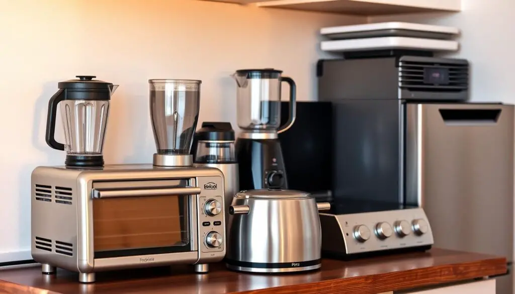 A small kitchen countertop scene showcasing a variety of compact, high-quality appliances. In the foreground, a sleek, stainless steel toaster oven, a compact blender, and a modern pour-over coffee maker. In the middle ground, a mini food processor and a slim, retro-style kettle. The background features a pair of slim, energy-efficient induction burners and a small, integrated dishwasher. The lighting is warm and natural, casting gentle shadows and highlights on the appliances. The scene is photographed at a slightly elevated angle, capturing the efficient use of limited counter space. The overall mood is one of sophistication, functionality, and space-saving design. A small kitchen countertop scene showcasing a variety of compact, high-quality appliances. In the foreground, a sleek, stainless steel toaster oven, a compact blender, and a modern pour-over coffee maker. In the middle ground, a mini food processor and a slim, retro-style kettle. The background features a pair of slim, energy-efficient induction burners and a small, integrated dishwasher. The lighting is warm and natural, casting gentle shadows and highlights on the appliances. The scene is photographed at a slightly elevated angle, capturing the efficient use of limited counter space. The overall mood is one of sophistication, functionality, and space-saving design.