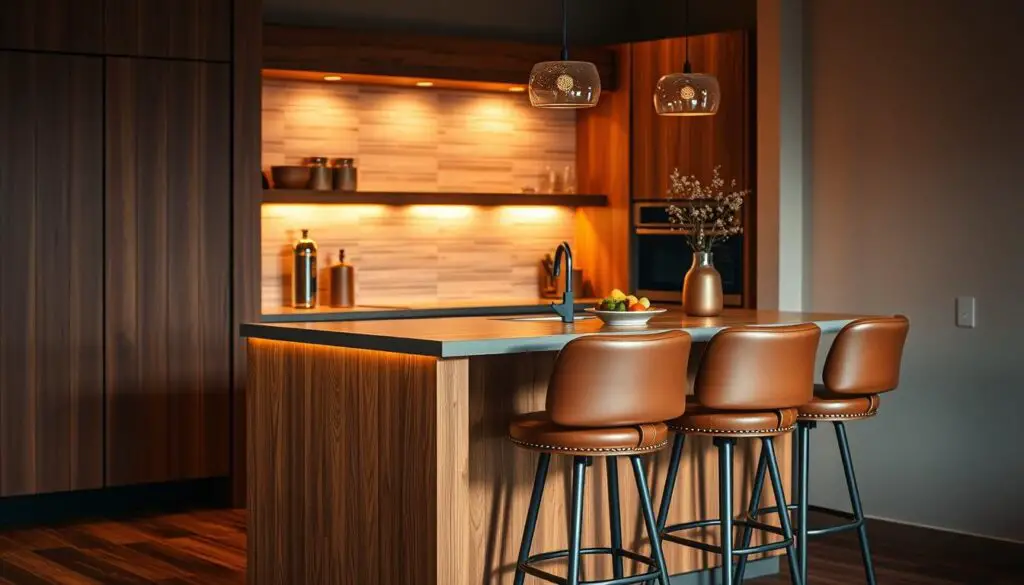 A small kitchen island with a sleek bar counter, bathed in warm, diffused lighting that accentuates the rich, earthy tones of the wood grain and subtle hues of the tile backsplash. The counter's surface gleams with a subtle sheen, inviting guests to perch on the plush, cognac-colored leather stools and enjoy a casual meal or evening cocktail. The overall atmosphere is one of cozy sophistication, a harmonious blend of rustic and modern elements that creates a welcoming and functional space. A small kitchen island with a sleek bar counter, bathed in warm, diffused lighting that accentuates the rich, earthy tones of the wood grain and subtle hues of the tile backsplash. The counter's surface gleams with a subtle sheen, inviting guests to perch on the plush, cognac-colored leather stools and enjoy a casual meal or evening cocktail. The overall atmosphere is one of cozy sophistication, a harmonious blend of rustic and modern elements that creates a welcoming and functional space.