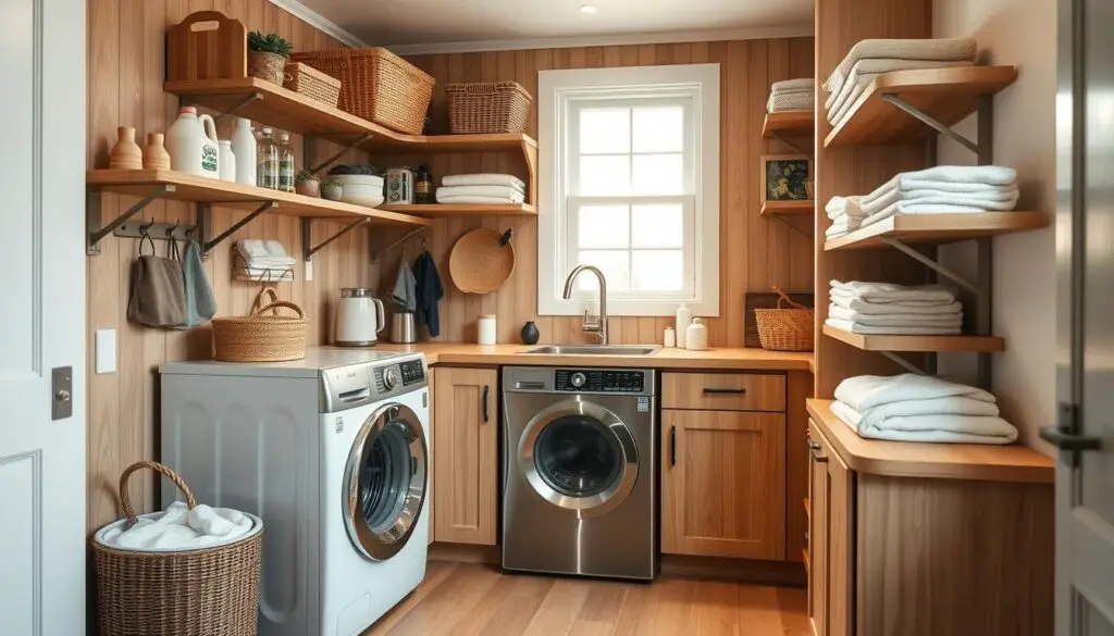 A small, well-organized kitchen with a compact washing machine tucked into a clever corner arrangement. Wooden shelves, baskets, and hooks line the walls, providing ample storage for cleaning supplies, detergents, and folded linens. A sleek, stainless-steel washer and dryer combo sits adjacent to a compact sink, creating a seamless, multi-functional laundry zone. Soft, natural lighting filters in through a window, lending a warm, inviting atmosphere. The room is meticulously tidy, showcasing innovative storage solutions that maximize the limited space, resulting in a highly efficient and visually pleasing workspace.