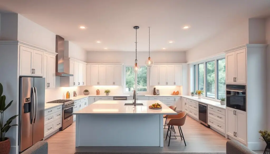 A spacious and bright open-concept U-shaped kitchen with clean white cabinetry, quartz countertops, and a large central island. Warm pendant lighting illuminates the space, casting a soft glow over the modern stainless steel appliances. The layout features a seamless flow between the cooking, dining, and living areas, creating a harmonious and functional design. Large windows along the back wall flood the room with natural light, blending the indoor and outdoor spaces. The overall aesthetic is sleek and minimal, with pops of color from greenery and textured accents that add depth and character. A spacious and bright open-concept U-shaped kitchen with clean white cabinetry, quartz countertops, and a large central island. Warm pendant lighting illuminates the space, casting a soft glow over the modern stainless steel appliances. The layout features a seamless flow between the cooking, dining, and living areas, creating a harmonious and functional design. Large windows along the back wall flood the room with natural light, blending the indoor and outdoor spaces. The overall aesthetic is sleek and minimal, with pops of color from greenery and textured accents that add depth and character.