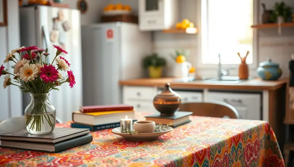 A vibrant, small kitchen table with a colorful, textured tablecloth and a variety of decorative elements. In the foreground, a vase of fresh flowers, a stack of books, and a tealight candle create a cozy ambiance. The middle ground features a rustic wooden table with a mix of ceramic and glass accessories, such as a small bowl, a decorative plate, and a sprig of greenery. The background is softly lit, highlighting the warm, natural tones of the kitchen interior. The overall scene exudes a sense of cheerfulness and invites the viewer to linger and savor a moment in this bright, welcoming space.