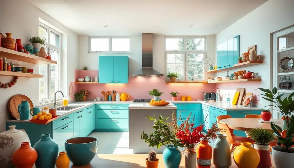 A vibrant, sun-drenched kitchen filled with a harmonious color palette that creates a spacious, inviting atmosphere. The foreground showcases a variety of colorful kitchen accessories and decor, strategically arranged to draw the eye inward. The middle ground features sleek, minimalist cabinetry in complementary hues, accentuated by carefully placed lighting that casts a warm glow. The background seamlessly blends the kitchen with an open living area, featuring large windows that flood the space with natural light and a sense of airiness. The overall composition utilizes color theory principles to enhance the perception of depth and maximizes the illusion of a larger kitchen environment.