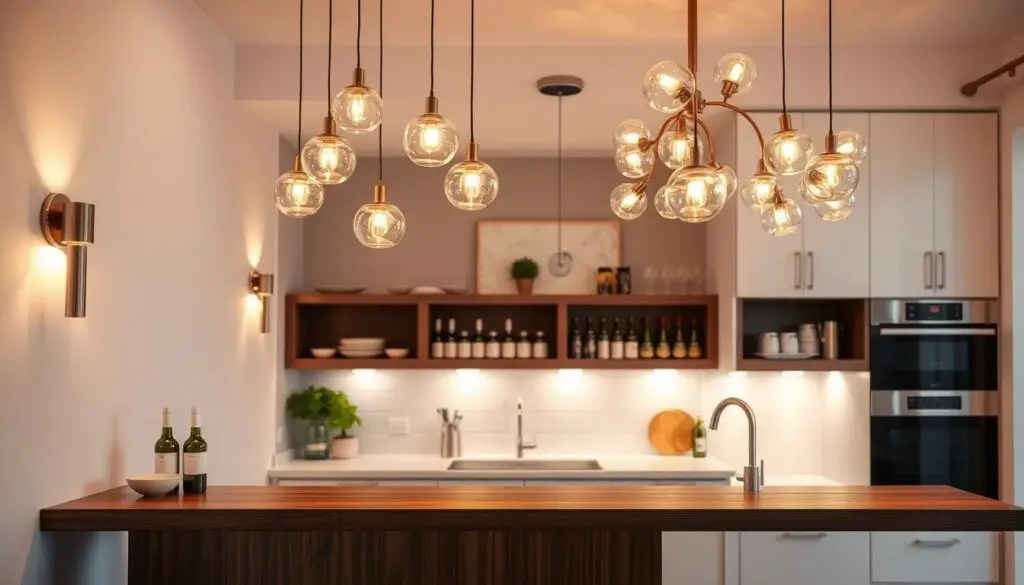 A warm, inviting small kitchen bar counter with soft, ambient lighting. The counter is a rich, dark wood, contrasting with bright white cabinets and backsplash. Subtle wall sconces cast a gentle glow, highlighting the bar's sleek, minimalist design. Clusters of small, round pendant lights hang above, providing focused illumination for meal prep and entertaining. Elegant glass and metal accents create a modern, yet cozy atmosphere. The lighting creates a harmonious balance, drawing the eye to the bar's elegant features. A warm, inviting small kitchen bar counter with soft, ambient lighting. The counter is a rich, dark wood, contrasting with bright white cabinets and backsplash. Subtle wall sconces cast a gentle glow, highlighting the bar's sleek, minimalist design. Clusters of small, round pendant lights hang above, providing focused illumination for meal prep and entertaining. Elegant glass and metal accents create a modern, yet cozy atmosphere. The lighting creates a harmonious balance, drawing the eye to the bar's elegant features.