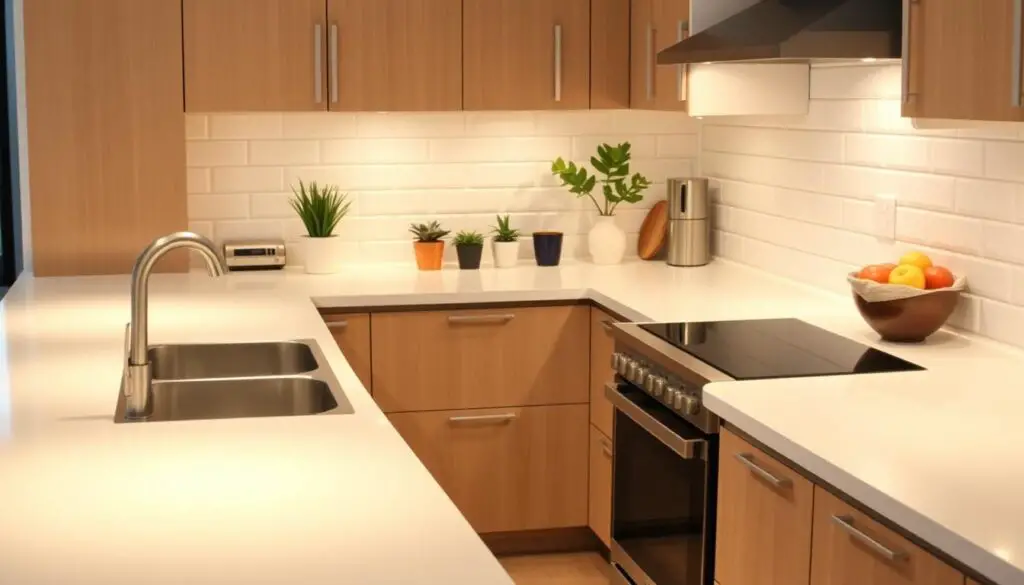 A well-designed U-shaped kitchen countertop with a seamless, high-gloss finish in a soft, neutral tone. The countertop flows gracefully, creating an inviting, functional workspace. Accent lighting casts a warm glow, highlighting the subtle textures and modern, minimalist design. In the foreground, sleek, stainless steel appliances complement the overall aesthetic. The middle ground features thoughtfully placed decorative elements, such as potted plants and a stylish fruit bowl, adding a touch of natural warmth. The background showcases a clean, white tiled backsplash, creating a cohesive and visually appealing kitchen environment. A well-designed U-shaped kitchen countertop with a seamless, high-gloss finish in a soft, neutral tone. The countertop flows gracefully, creating an inviting, functional workspace. Accent lighting casts a warm glow, highlighting the subtle textures and modern, minimalist design. In the foreground, sleek, stainless steel appliances complement the overall aesthetic. The middle ground features thoughtfully placed decorative elements, such as potted plants and a stylish fruit bowl, adding a touch of natural warmth. The background showcases a clean, white tiled backsplash, creating a cohesive and visually appealing kitchen environment.