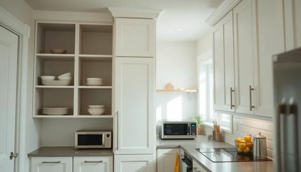 A well-designed, efficient small kitchen showcasing corner cabinet solutions. The scene depicts a cozy, well-lit kitchen interior with clean, modern lines. In the foreground, a set of corner cabinets with sleek, minimalist doors seamlessly blend into the surrounding cabinetry, maximizing storage space. The middle ground features a mix of open shelving and additional cabinet units, creating a balanced and functional layout. The background subtly hints at the kitchen's overall aesthetic, with neutral-toned walls and a hint of natural light filtering in, conveying a sense of brightness and calmness. The camera angle emphasizes the corner cabinet's strategic placement, highlighting its space-saving capabilities while maintaining a visually appealing and harmonious kitchen design. A well-designed, efficient small kitchen showcasing corner cabinet solutions. The scene depicts a cozy, well-lit kitchen interior with clean, modern lines. In the foreground, a set of corner cabinets with sleek, minimalist doors seamlessly blend into the surrounding cabinetry, maximizing storage space. The middle ground features a mix of open shelving and additional cabinet units, creating a balanced and functional layout. The background subtly hints at the kitchen's overall aesthetic, with neutral-toned walls and a hint of natural light filtering in, conveying a sense of brightness and calmness. The camera angle emphasizes the corner cabinet's strategic placement, highlighting its space-saving capabilities while maintaining a visually appealing and harmonious kitchen design.