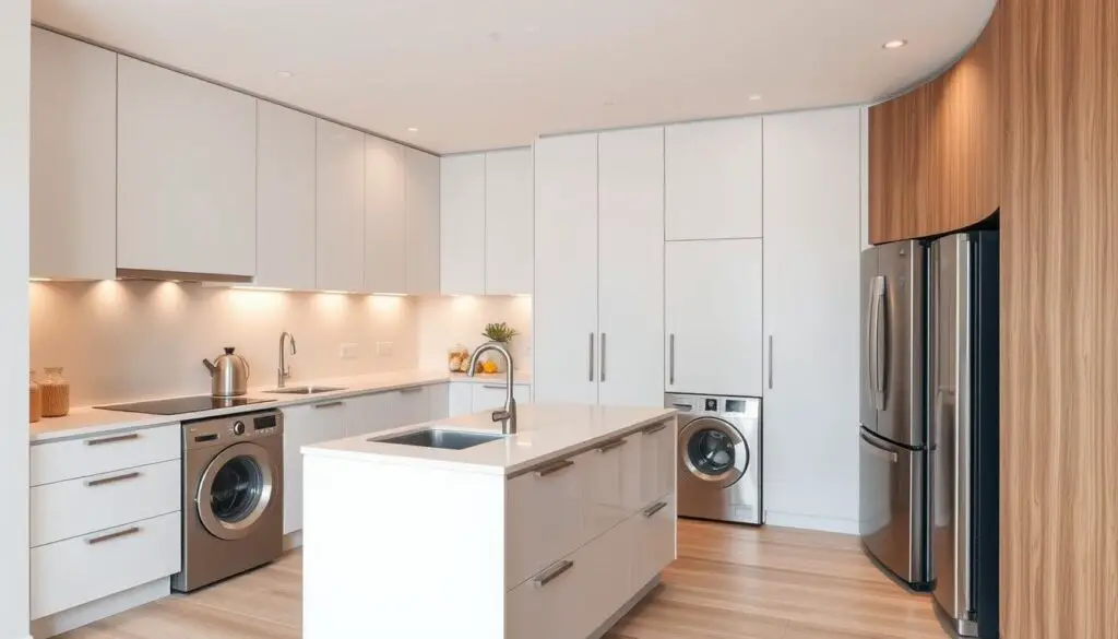 A well-designed small kitchen layout with an efficient workflow, featuring a clean, modern aesthetic. The central island acts as a multifunctional hub, with ample counter space for food preparation and a compact built-in sink for cleaning. Sleek, handleless cabinets line the walls, maximizing storage while maintaining a streamlined look. Subtle, warm lighting emanates from recessed ceiling fixtures, casting a cozy glow over the space. Stainless steel appliances, including an integrated washing machine, are strategically placed to create distinct zones for cooking and cleaning. The overall layout prioritizes functionality and visual harmony, making the most of the limited square footage.
