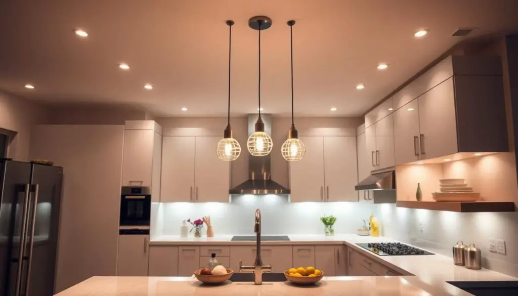 A well-lit U-shaped kitchen showcasing a sleek, modern design. The focal point is the array of pendant lights suspended over the central countertop, casting a warm, ambient glow. Recessed lighting illuminates the perimeter, highlighting the clean lines of the cabinetry. Subtle under-cabinet lighting adds depth and functionality, complementing the overall aesthetic. The kitchen is bathed in a soft, natural light, creating an inviting and efficient workspace. The carefully curated lighting scheme enhances the u-shaped layout, making the most of the available space and elevating the entire cooking and dining experience. A well-lit U-shaped kitchen showcasing a sleek, modern design. The focal point is the array of pendant lights suspended over the central countertop, casting a warm, ambient glow. Recessed lighting illuminates the perimeter, highlighting the clean lines of the cabinetry. Subtle under-cabinet lighting adds depth and functionality, complementing the overall aesthetic. The kitchen is bathed in a soft, natural light, creating an inviting and efficient workspace. The carefully curated lighting scheme enhances the u-shaped layout, making the most of the available space and elevating the entire cooking and dining experience.
