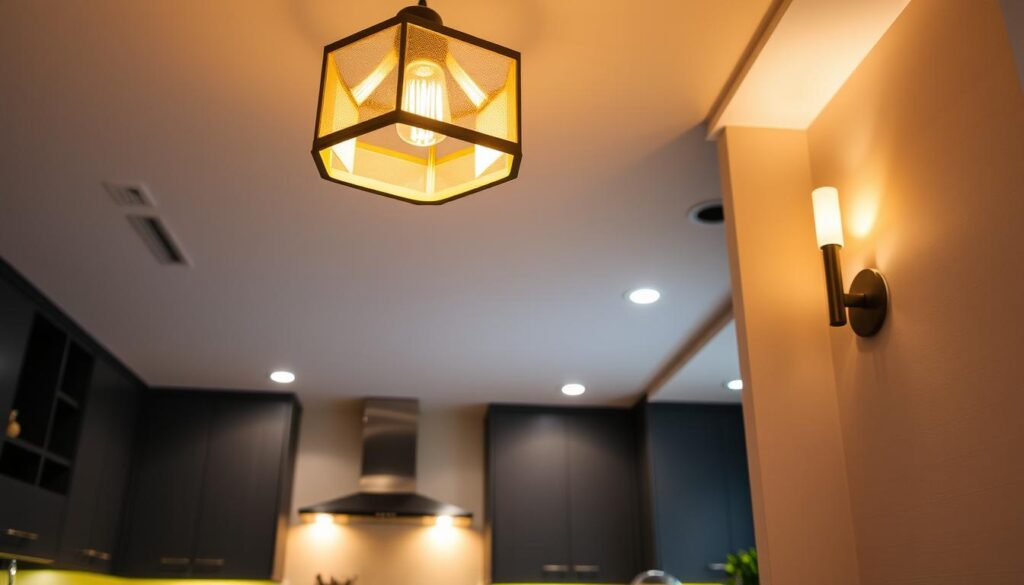 A well-lit kitchen bar area with a variety of sophisticated lighting solutions. The foreground features a stunning pendant light with a modern, geometric design and a warm, golden glow, illuminating the bar counter below. The middle ground showcases a series of recessed ceiling lights that provide a soft, ambient illumination, casting a gentle hue across the kitchen surfaces. In the background, a sleek, minimalist wall sconce adds a touch of elegance and task lighting to the area, creating a cohesive and balanced lighting scheme. The overall atmosphere is inviting, functional, and showcases a harmonious blend of modern and traditional design elements. A well-lit kitchen bar area with a variety of sophisticated lighting solutions. The foreground features a stunning pendant light with a modern, geometric design and a warm, golden glow, illuminating the bar counter below. The middle ground showcases a series of recessed ceiling lights that provide a soft, ambient illumination, casting a gentle hue across the kitchen surfaces. In the background, a sleek, minimalist wall sconce adds a touch of elegance and task lighting to the area, creating a cohesive and balanced lighting scheme. The overall atmosphere is inviting, functional, and showcases a harmonious blend of modern and traditional design elements.