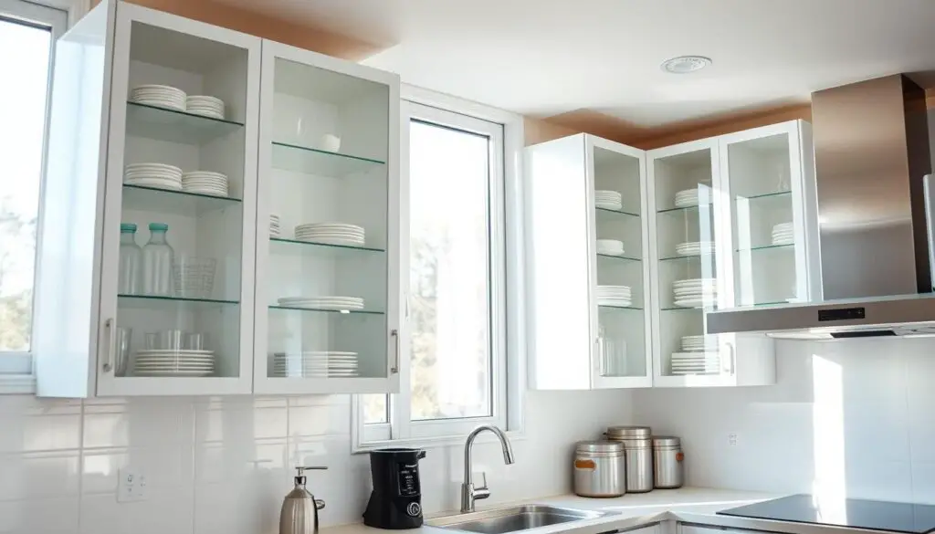 A well-lit kitchen with gleaming, translucent cabinets lining the walls. The cabinets feature a minimalist design with clear glass panels, revealing the neatly organized contents inside. The kitchen is bathed in natural light, with large windows casting a soft, even glow across the space. The cabinets are positioned at eye level, allowing for easy access and visibility of the stored items. The overall atmosphere is one of openness, cleanliness, and efficiency, perfectly suited for a small kitchen space. A well-lit kitchen with gleaming, translucent cabinets lining the walls. The cabinets feature a minimalist design with clear glass panels, revealing the neatly organized contents inside. The kitchen is bathed in natural light, with large windows casting a soft, even glow across the space. The cabinets are positioned at eye level, allowing for easy access and visibility of the stored items. The overall atmosphere is one of openness, cleanliness, and efficiency, perfectly suited for a small kitchen space.