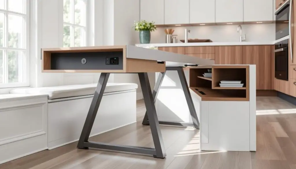 A well-lit, modern kitchen showcasing a multifunctional dining table with sleek, minimalist design. The table features hidden storage compartments, a folding leaf to accommodate small spaces, and integrated power outlets for charging devices. The table is flanked by a compact bench with built-in shelving, providing additional seating and storage. The kitchen's bright, airy atmosphere is enhanced by large windows, neutral color palette, and carefully placed task lighting. The scene conveys a sense of functional simplicity and efficient use of limited space, perfectly suited for the "Multi-Functional Furniture Solutions" section of the article.