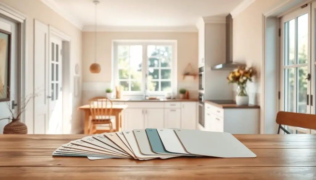 A well-lit, spacious small kitchen with warm, earthy tones and natural light. The foreground features a collection of paint color samples in a range of soft greens, soothing blues, and gentle neutrals, artfully arranged on a wooden surface. In the middle ground, a sleek, minimalist kitchen with clean white cabinets and a contrasting backsplash showcases the potential of these trending paint colors. The background depicts a serene, sun-dappled garden view through large windows, creating a harmonious, inviting atmosphere. A well-lit, spacious small kitchen with warm, earthy tones and natural light. The foreground features a collection of paint color samples in a range of soft greens, soothing blues, and gentle neutrals, artfully arranged on a wooden surface. In the middle ground, a sleek, minimalist kitchen with clean white cabinets and a contrasting backsplash showcases the potential of these trending paint colors. The background depicts a serene, sun-dappled garden view through large windows, creating a harmonious, inviting atmosphere.