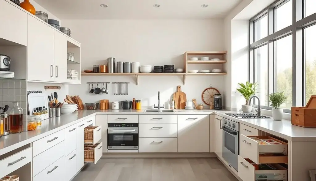 A well-organized, efficient kitchen layout with ample storage solutions. The foreground features a sleek, modern u-shaped counter with an integrated sink and stove, surrounded by an array of pullout drawers, shelves, and cabinet doors. The middle ground showcases a variety of storage containers, jars, and utensils neatly arranged, while the background depicts a minimalist, bright and airy space with ample natural lighting filtering through large windows. The overall atmosphere conveys a sense of order, functionality, and a streamlined cooking experience within a small u-shaped kitchen layout. A well-organized, efficient kitchen layout with ample storage solutions. The foreground features a sleek, modern u-shaped counter with an integrated sink and stove, surrounded by an array of pullout drawers, shelves, and cabinet doors. The middle ground showcases a variety of storage containers, jars, and utensils neatly arranged, while the background depicts a minimalist, bright and airy space with ample natural lighting filtering through large windows. The overall atmosphere conveys a sense of order, functionality, and a streamlined cooking experience within a small u-shaped kitchen layout.