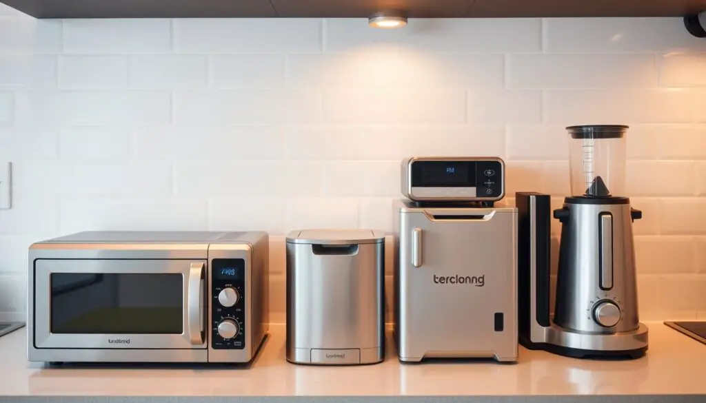 A well-organized kitchen countertop with a sleek, compact appliance arrangement. In the foreground, a stainless steel toaster oven, microwave, and blender sit neatly side by side, their clean lines and muted tones creating a harmonious display. The middle ground features a compact dishwasher and a small-footprint coffee maker, seamlessly integrated into the minimalist design. The background showcases a modern, white subway tile backsplash, adding a crisp, contemporary feel to the scene. Soft, warm lighting illuminates the setup, accentuating the appliances' polished surfaces and creating a cozy, inviting atmosphere perfect for a small kitchen.