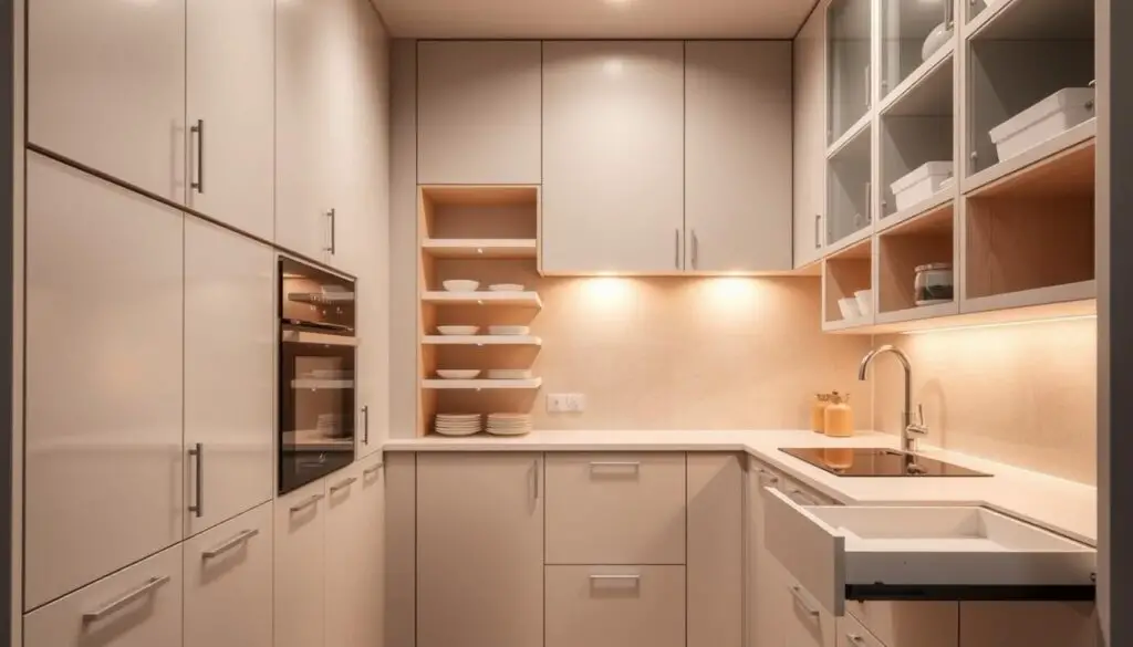 A well-organized small kitchen showcasing efficient pull-out cabinet solutions. The foreground features a series of sleek, minimalist cabinets with smooth-gliding drawers and shelves, optimizing storage and accessibility. The middle ground depicts the kitchen's interior, with a warm, diffused lighting highlighting the cabinet's clean lines and high-quality finishes. In the background, a neutral-toned backsplash and countertop create a calming, cohesive atmosphere, complementing the kitchen's streamlined, functional design. The overall scene conveys a sense of order, efficiency, and thoughtful space utilization, reflecting the article's focus on practical solutions for small kitchens. A well-organized small kitchen showcasing efficient pull-out cabinet solutions. The foreground features a series of sleek, minimalist cabinets with smooth-gliding drawers and shelves, optimizing storage and accessibility. The middle ground depicts the kitchen's interior, with a warm, diffused lighting highlighting the cabinet's clean lines and high-quality finishes. In the background, a neutral-toned backsplash and countertop create a calming, cohesive atmosphere, complementing the kitchen's streamlined, functional design. The overall scene conveys a sense of order, efficiency, and thoughtful space utilization, reflecting the article's focus on practical solutions for small kitchens.
