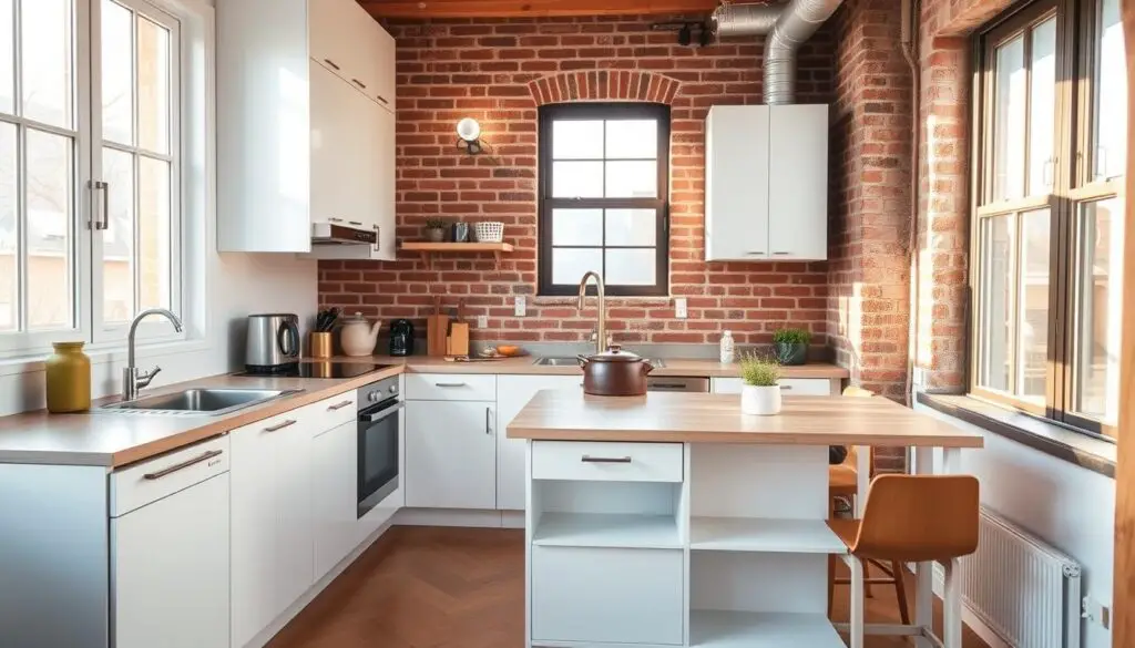 An efficiently designed small kitchen, bathed in warm, natural light filtering through large windows. The foreground showcases a compact, L-shaped layout with clean, white cabinetry and sleek, minimal hardware. Integrated appliances and a compact sink maximize the available counter space, while a single-burner cooktop and a microwave oven provide essential cooking functionality. The middle ground features a multi-purpose island with open shelving, doubling as a breakfast bar and a prep area. Strategically placed task lighting and a neutral, earthy color palette create a sense of coziness and functionality. In the background, a mix of textures, including exposed brick and natural wood accents, add depth and character to the space, making the most of every inch.