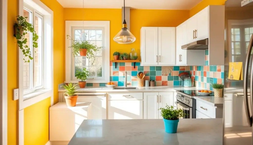 Bright and cheerful small kitchen color schemes, featuring vibrant hues of yellow, turquoise, and coral. The cozy kitchen interior is flooded with natural light, casting a warm glow on the crisp white cabinets and sleek quartz countertops. Pops of greenery from potted herbs add a refreshing touch, while a modern pendant light fixtures and a colorful tile backsplash tie the whole design together. The scene exudes a welcoming, uplifting atmosphere, perfect for a cheerful and functional small cooking space. Bright and cheerful small kitchen color schemes, featuring vibrant hues of yellow, turquoise, and coral. The cozy kitchen interior is flooded with natural light, casting a warm glow on the crisp white cabinets and sleek quartz countertops. Pops of greenery from potted herbs add a refreshing touch, while a modern pendant light fixtures and a colorful tile backsplash tie the whole design together. The scene exudes a welcoming, uplifting atmosphere, perfect for a cheerful and functional small cooking space.