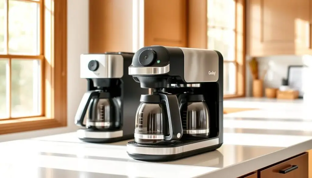 Compact coffee makers for small kitchens, showcased in a bright, modern setting. A clean, minimalist design with brushed metal accents and a sleek, space-saving profile. The machines sit atop a crisp white countertop, framed by warm wood cabinets and subway tile backsplash. Soft, diffused natural light streams in through large windows, creating a warm, inviting atmosphere. The coffee makers are the focal point, their simple, yet elegant forms highlighting their functionality and suitability for compact kitchen spaces. The overall scene conveys a sense of efficiency and effortless style, perfectly suited for the "Choosing the Right Coffee Maker for Small Kitchens" section of the article. Compact coffee makers for small kitchens, showcased in a bright, modern setting. A clean, minimalist design with brushed metal accents and a sleek, space-saving profile. The machines sit atop a crisp white countertop, framed by warm wood cabinets and subway tile backsplash. Soft, diffused natural light streams in through large windows, creating a warm, inviting atmosphere. The coffee makers are the focal point, their simple, yet elegant forms highlighting their functionality and suitability for compact kitchen spaces. The overall scene conveys a sense of efficiency and effortless style, perfectly suited for the "Choosing the Right Coffee Maker for Small Kitchens" section of the article.
