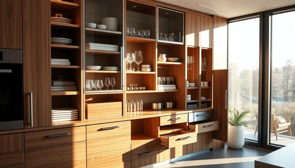Detailed view of a modern, space-saving kitchen cabinet system featuring sleek, minimalist design. Showcasing a variety of customizable compartments, shelves, and pullout drawers for efficient organization and storage. Bathed in warm, natural lighting from large windows, creating a bright, airy atmosphere. The cabinet doors are made of a blend of wood and metallic finishes, seamlessly integrating into the surrounding kitchen decor. Emphasis on multifunctional and versatile storage solutions tailored for small kitchens. Detailed view of a modern, space-saving kitchen cabinet system featuring sleek, minimalist design. Showcasing a variety of customizable compartments, shelves, and pullout drawers for efficient organization and storage. Bathed in warm, natural lighting from large windows, creating a bright, airy atmosphere. The cabinet doors are made of a blend of wood and metallic finishes, seamlessly integrating into the surrounding kitchen decor. Emphasis on multifunctional and versatile storage solutions tailored for small kitchens.