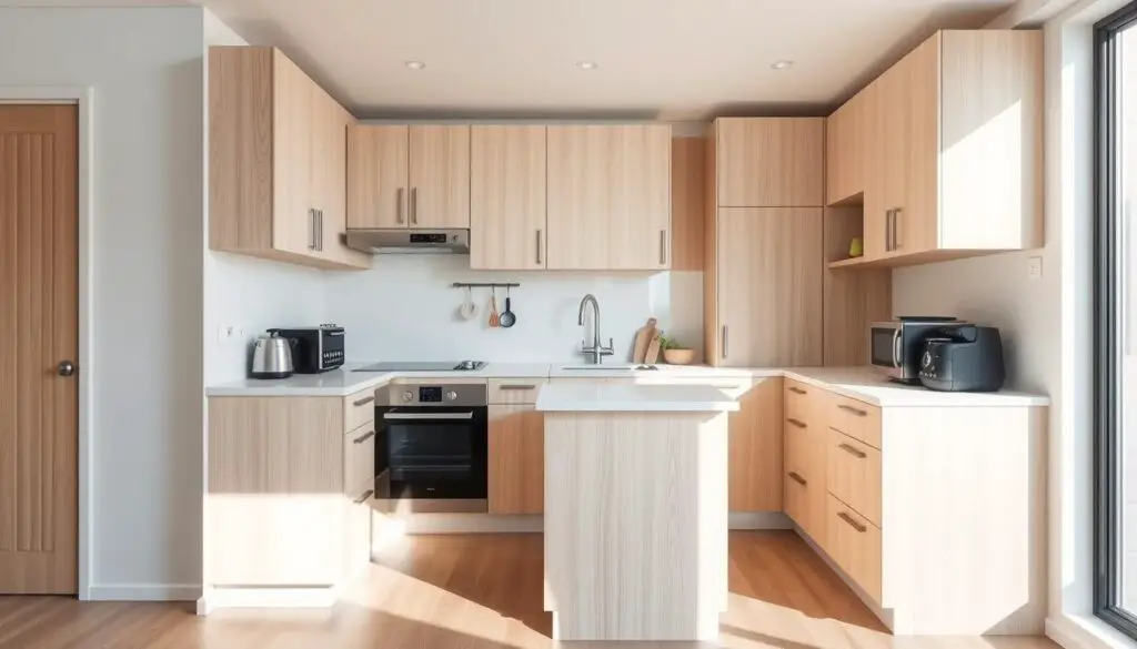 Efficient small kitchen layout, with sleek modern design and optimized workflow. A compact, well-organized space featuring clean lines, light wood tones, and minimalist cabinetry. An L-shaped arrangement with a central island provides ample counter space and storage. Bright, natural lighting illuminates the room, creating an airy, inviting atmosphere. Appliances and fixtures are strategically placed for maximum efficiency, seamlessly blending into the overall aesthetic. The result is a highly functional, visually appealing kitchen that maximizes the limited square footage.