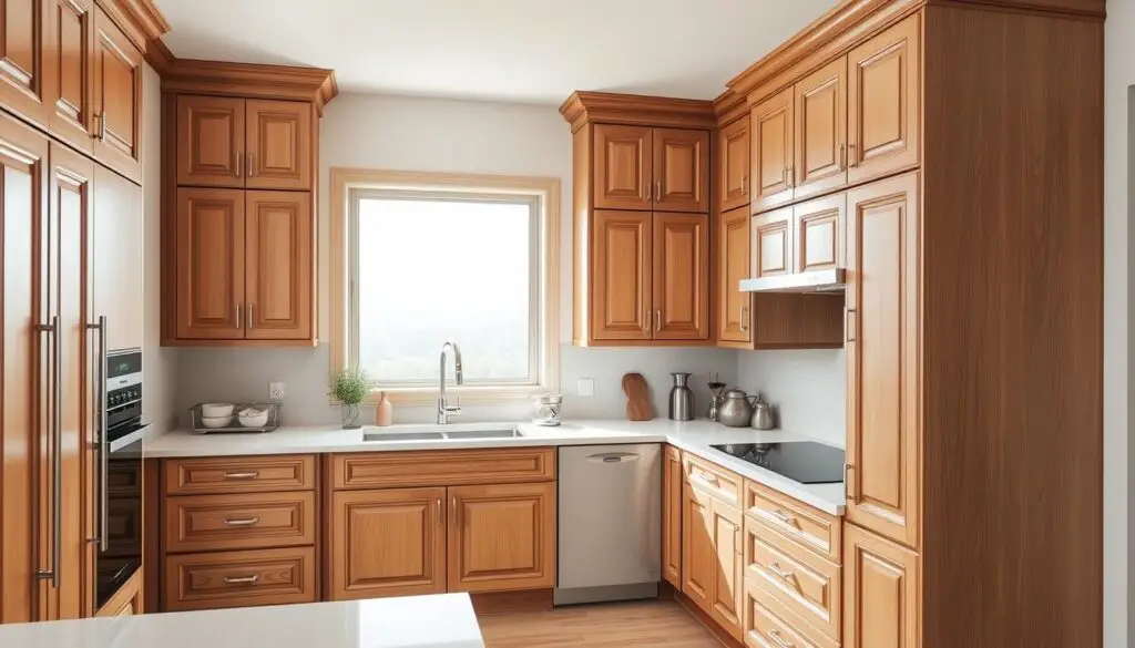 Elegant custom kitchen cabinets with intricate wood detailing and a warm, natural finish. The cabinets are arranged in a clean, minimalist layout, complemented by modern stainless steel hardware and a large, open-concept window that fills the space with soft, diffused natural light. The countertops are a sleek, neutral quartz, providing a seamless backdrop for the carefully curated selection of kitchen accessories. The overall atmosphere exudes a sense of tranquility and thoughtful design, perfectly suited for a small, cozy kitchen space. Elegant custom kitchen cabinets with intricate wood detailing and a warm, natural finish. The cabinets are arranged in a clean, minimalist layout, complemented by modern stainless steel hardware and a large, open-concept window that fills the space with soft, diffused natural light. The countertops are a sleek, neutral quartz, providing a seamless backdrop for the carefully curated selection of kitchen accessories. The overall atmosphere exudes a sense of tranquility and thoughtful design, perfectly suited for a small, cozy kitchen space.