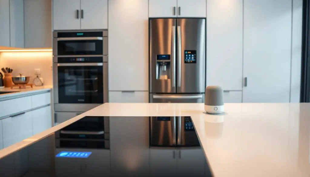 Sleek, modern smart kitchen appliances seamlessly integrated into a minimalist, open-plan kitchen. In the foreground, a state-of-the-art induction cooktop and oven with touch controls and digital displays. Behind, a high-tech refrigerator with a large, interactive touchscreen interface. In the background, a versatile voice-controlled assistant device on the countertop, ready to help with recipes, timers, and smart home controls. Warm, indirect lighting accentuates the smooth, clean lines of the appliances, creating a sophisticated, tech-savvy atmosphere that blends effortlessly with the open, airy kitchen design.