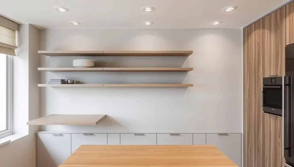 Sleek, wall-mounted dining tables in a modern, minimalist kitchen. Floating shelves, recessed lighting, and a neutral color palette create a cohesive, space-saving design. Smooth, wood-grained surfaces in muted tones, complemented by clean-lined, chrome or brushed metal fixtures. Captured at a low angle, highlighting the clever integration of the table into the kitchen's architecture. Conveys a sense of efficiency and thoughtful, space-conscious planning.