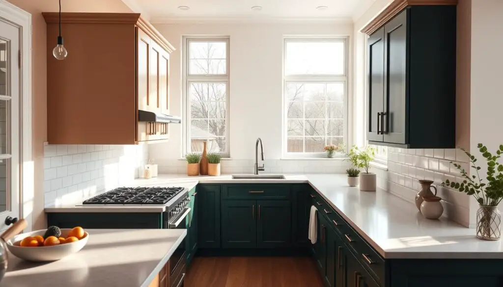 Two-tone kitchen with warm beige upper cabinets and deep forest green lower cabinets, illuminated by soft, natural lighting filtering through large windows. The backsplash is a classic white subway tile, creating a clean, modern contrast. The countertops are a sleek, neutral quartz, tying the palette together. The floors are a medium-toned hardwood, adding warmth and texture. The overall atmosphere is cozy, inviting, and showcases a creative, two-tone color scheme perfect for a small kitchen. Two-tone kitchen with warm beige upper cabinets and deep forest green lower cabinets, illuminated by soft, natural lighting filtering through large windows. The backsplash is a classic white subway tile, creating a clean, modern contrast. The countertops are a sleek, neutral quartz, tying the palette together. The floors are a medium-toned hardwood, adding warmth and texture. The overall atmosphere is cozy, inviting, and showcases a creative, two-tone color scheme perfect for a small kitchen.