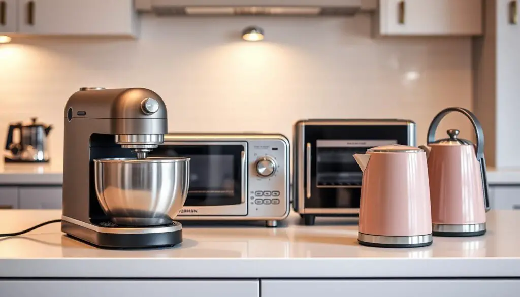U-shaped small kitchen appliances arranged on a sleek, modern countertop with soft, even lighting. In the foreground, a compact espresso machine and a brushed steel stand mixer in a muted color. In the middle ground, a minimalist toaster oven and a cylindrical kettle in a matching hue. The background features a subtle tile backsplash and glimpses of cabinet doors. The overall mood is one of clean, functional elegance, showcasing a cohesive, well-designed kitchen appliance suite. U-shaped small kitchen appliances arranged on a sleek, modern countertop with soft, even lighting. In the foreground, a compact espresso machine and a brushed steel stand mixer in a muted color. In the middle ground, a minimalist toaster oven and a cylindrical kettle in a matching hue. The background features a subtle tile backsplash and glimpses of cabinet doors. The overall mood is one of clean, functional elegance, showcasing a cohesive, well-designed kitchen appliance suite.