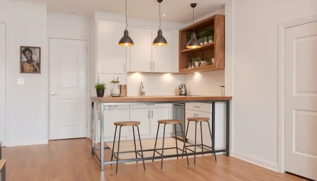 a cozy and inviting DIY small kitchen bar counter design, featuring a rustic wooden top with a modern metallic frame, set against a clean and minimalist kitchen backdrop with white walls and light wood flooring. The bar counter is positioned in the corner, creating a functional and space-efficient workspace. The lighting is a mix of warm overhead pendants and under-cabinet task lighting, casting a soft, inviting glow. The overall atmosphere is one of contemporary elegance and practical functionality, perfect for a creative homeowner looking to add a unique touch to their small kitchen. a cozy and inviting DIY small kitchen bar counter design, featuring a rustic wooden top with a modern metallic frame, set against a clean and minimalist kitchen backdrop with white walls and light wood flooring. The bar counter is positioned in the corner, creating a functional and space-efficient workspace. The lighting is a mix of warm overhead pendants and under-cabinet task lighting, casting a soft, inviting glow. The overall atmosphere is one of contemporary elegance and practical functionality, perfect for a creative homeowner looking to add a unique touch to their small kitchen.