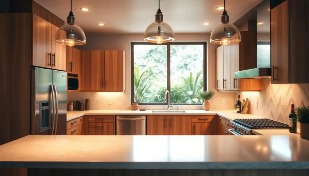 a cozy and inviting open kitchen with a sleek bar counter in the foreground, featuring modern stainless steel appliances, natural wood cabinetry, and pendant lighting overhead. The kitchen is flooded with warm, diffuse lighting, creating a welcoming and relaxed atmosphere. The bar counter is positioned to seamlessly integrate with the kitchen, allowing for easy transition between food preparation and casual dining. In the background, a large window offers a view of a lush, verdant outdoor space, blending the indoor and outdoor elements. The overall design exudes a sense of warmth, functionality, and a touch of contemporary sophistication. a cozy and inviting open kitchen with a sleek bar counter in the foreground, featuring modern stainless steel appliances, natural wood cabinetry, and pendant lighting overhead. The kitchen is flooded with warm, diffuse lighting, creating a welcoming and relaxed atmosphere. The bar counter is positioned to seamlessly integrate with the kitchen, allowing for easy transition between food preparation and casual dining. In the background, a large window offers a view of a lush, verdant outdoor space, blending the indoor and outdoor elements. The overall design exudes a sense of warmth, functionality, and a touch of contemporary sophistication.