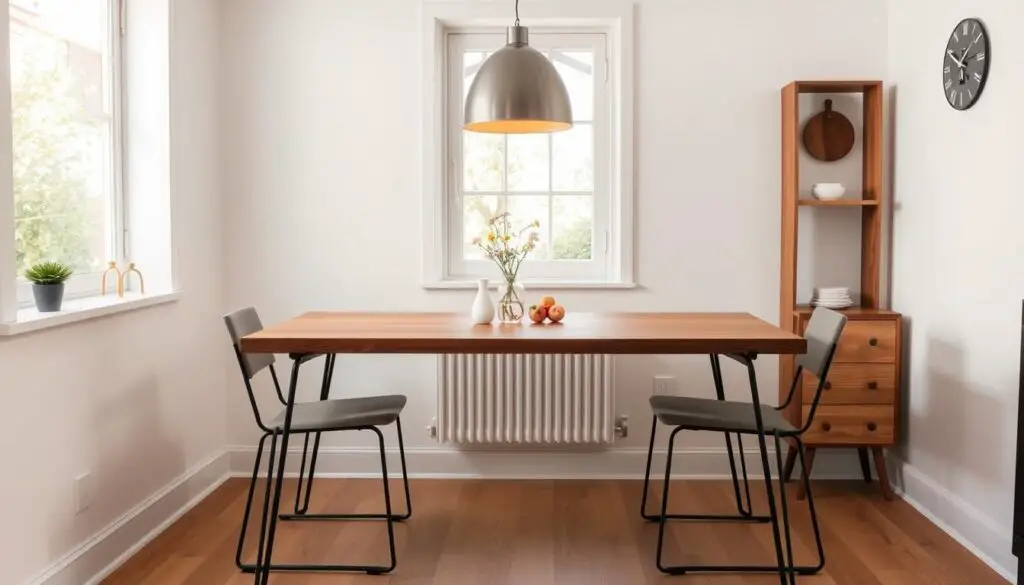 a cozy and inviting small kitchen dining table with a minimalist, modern design, featuring a rectangular wood-top table with slender metal legs, set against a white wall backdrop with a window letting in natural light, accented by a hanging pendant light fixture and minimal decor elements like a vase of flowers, creating a warm and relaxing atmosphere perfect for intimate meals. a cozy and inviting small kitchen dining table with a minimalist, modern design, featuring a rectangular wood-top table with slender metal legs, set against a white wall backdrop with a window letting in natural light, accented by a hanging pendant light fixture and minimal decor elements like a vase of flowers, creating a warm and relaxing atmosphere perfect for intimate meals.