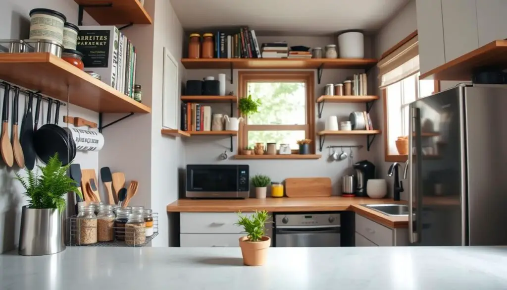 a cozy and organized small kitchen interior, with various storage solutions and efficient layout. the foreground features a compact kitchen counter with neatly arranged cooking utensils, spice jars, and a small potted plant. the middle ground showcases wall-mounted shelves and cabinets, optimizing vertical space and displaying cookbooks, jars, and decorative items. the background has a window with natural light streaming in, illuminating the space and creating a warm, inviting atmosphere. the overall scene conveys a sense of minimalism, functionality, and thoughtful design, reflecting the "creative storage solutions for your small kitchen" theme. the image is captured with a wide-angle lens to showcase the full kitchen layout in a clean, clutter-free composition.