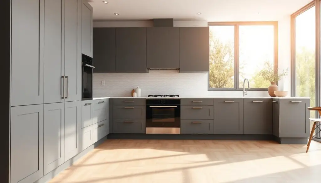 a modern kitchen interior with sleek, minimalist gray cabinets in the foreground, bathed in warm, natural lighting from large windows in the middle ground. The cabinets have clean lines, soft-close doors, and matte finish, creating a sophisticated and understated look. The kitchen countertops are made of light-colored quartz or marble, complementing the gray hues. The backsplash features a subtle textured tile pattern, adding visual interest to the space. The kitchen appliances are integrated seamlessly, blending into the overall design. The floor is a light-colored hardwood, tying the elements together and lending a sense of warmth to the contemporary aesthetic.