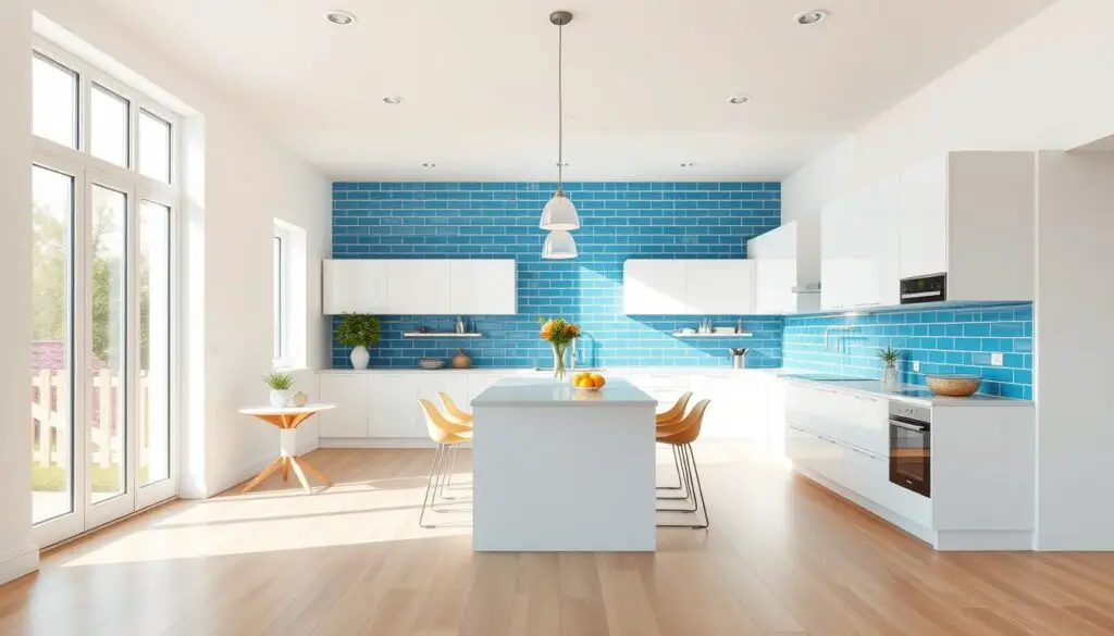 a modern open plan kitchen design with a bright, airy, and inviting atmosphere. a large window floods the space with natural light, illuminating the sleek white cabinets and countertops. the backsplash is a vibrant blue tile, adding a bold pop of color that complements the light wood floors. a central island serves as the focal point, with pendant lights hanging overhead to create a cozy ambiance. the layout is open and flowing, with a dining area seamlessly integrated into the design. the overall aesthetic is minimalist and contemporary, showcasing the thoughtful use of color and materials to enhance the open plan concept.