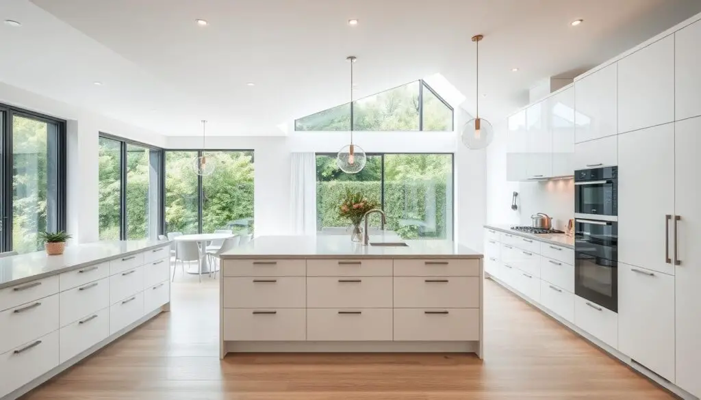 a modern open plan kitchen with a minimalist, clean aesthetic. the kitchen features sleek, white cabinets and drawers with minimal hardware, creating a streamlined look. the countertops are made of a light, natural stone material that contrasts beautifully with the white cabinetry. the kitchen is flooded with natural light from large windows that overlook a lush, verdant outdoor space. the lighting is a mix of recessed ceiling lights and minimalist pendant fixtures that cast a warm, ambient glow throughout the space. the kitchen is open to an adjacent living area, creating a seamless, open-concept layout. the overall mood is one of simplicity, serenity, and functionality.